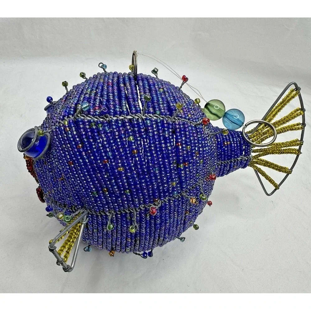 Puffer Fish Glass Beaded Hanging Decor 3D Round Blue Seed Beads Metal Sealife
